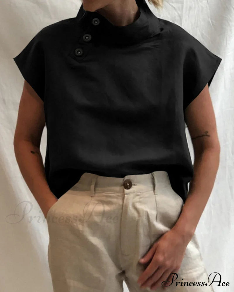 And Cotton Neckline Button Linen Stand Top T-Shirts