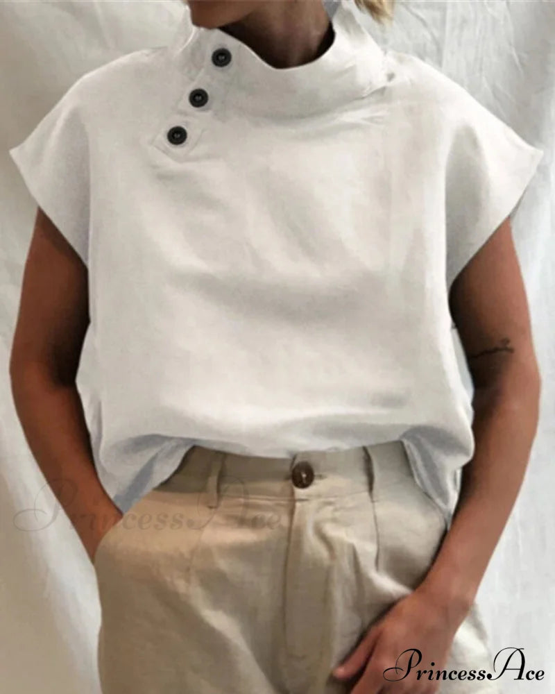 And Cotton Neckline Button Linen Stand Top T-Shirts