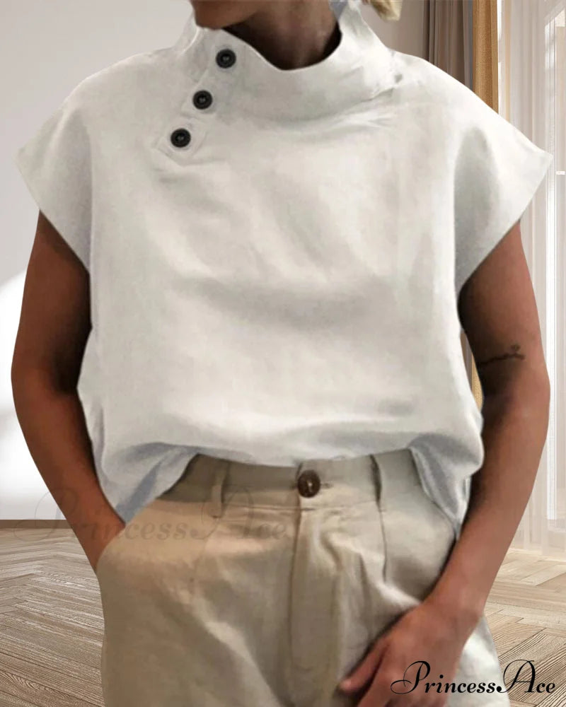 And Cotton Neckline Button Linen Stand Top T-Shirts