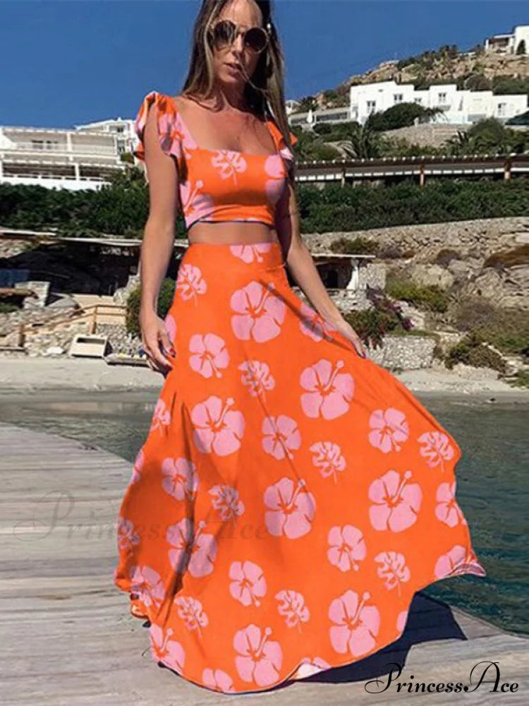 And High Flowered Long Waisted Top Crop Skirt Set S / Yellow Two Piece Maxi Dress