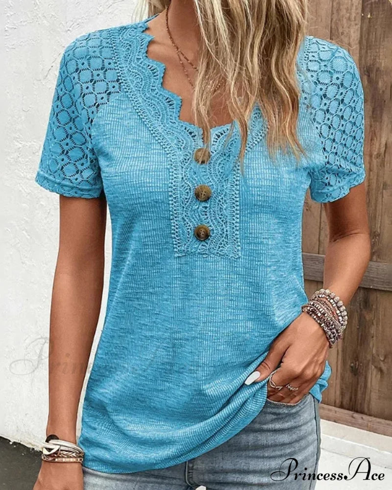 Lace Short Sleeve T Shirt Blue 23BF 23BK clothes Short Sleeve Tops Spring Summer T-shirts Tops/Blouses