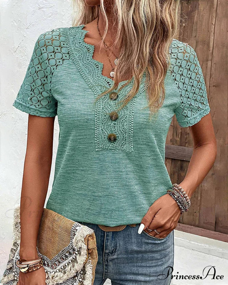 Lace Short Sleeve T Shirt Green 23BF 23BK clothes Short Sleeve Tops Spring Summer T-shirts Tops/Blouses