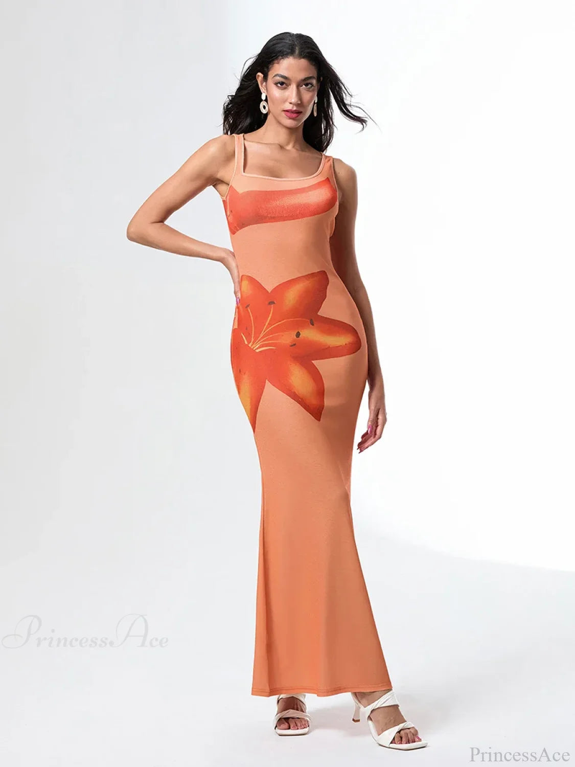 Asymmetric Neck Tank Sleeveless Wrap Bodycon Floral Vacation Dress Orange / S floraldress-250126