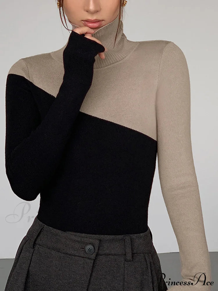 Asymmetric Patchwork Long Sleeve Modern Mock Neck Knit Top Camel / Xs Sweaters-L