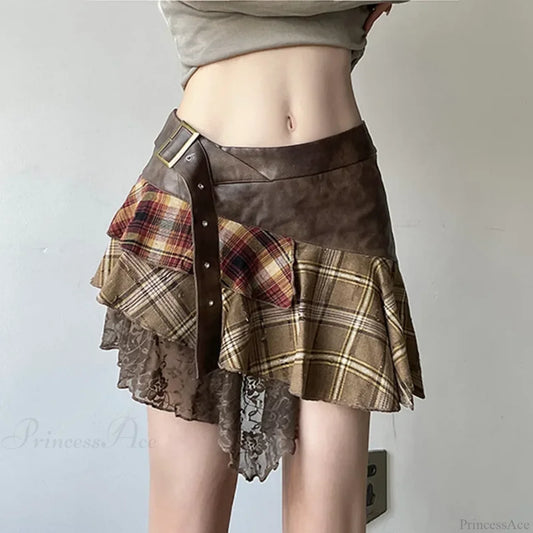 Asymmetrical Lace Stripes Plaid Skirt Khaki / S