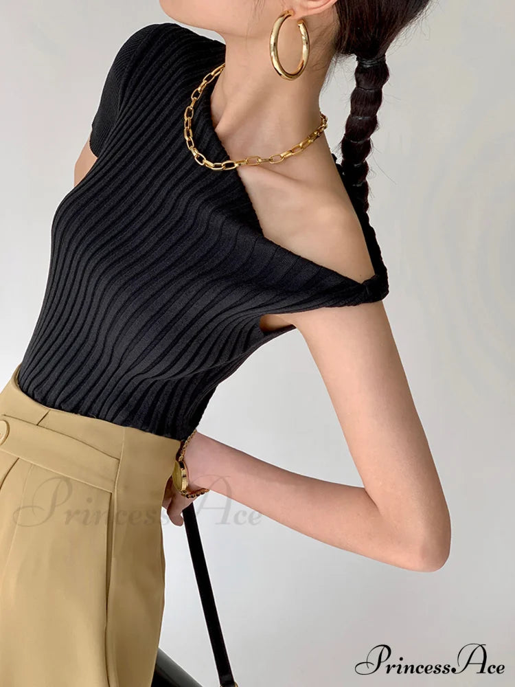 Asymmetrical Neck One Trendy Shoulder Off Knit Top Sweaters-L