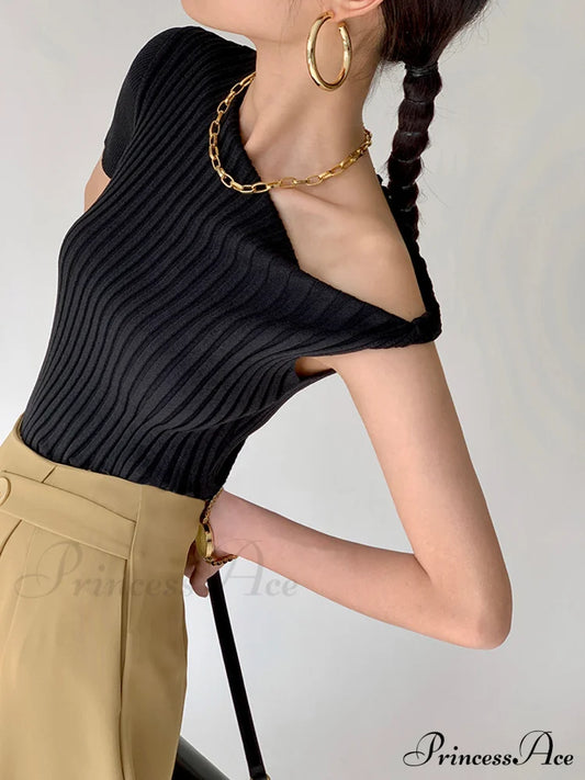Asymmetrical Neck One Trendy Shoulder Off Knit Top Sweaters-L