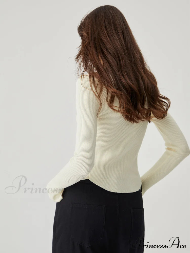 Asymmetrical Split Square Neck Modern Long Sleeve Knit Top Sweaters-L