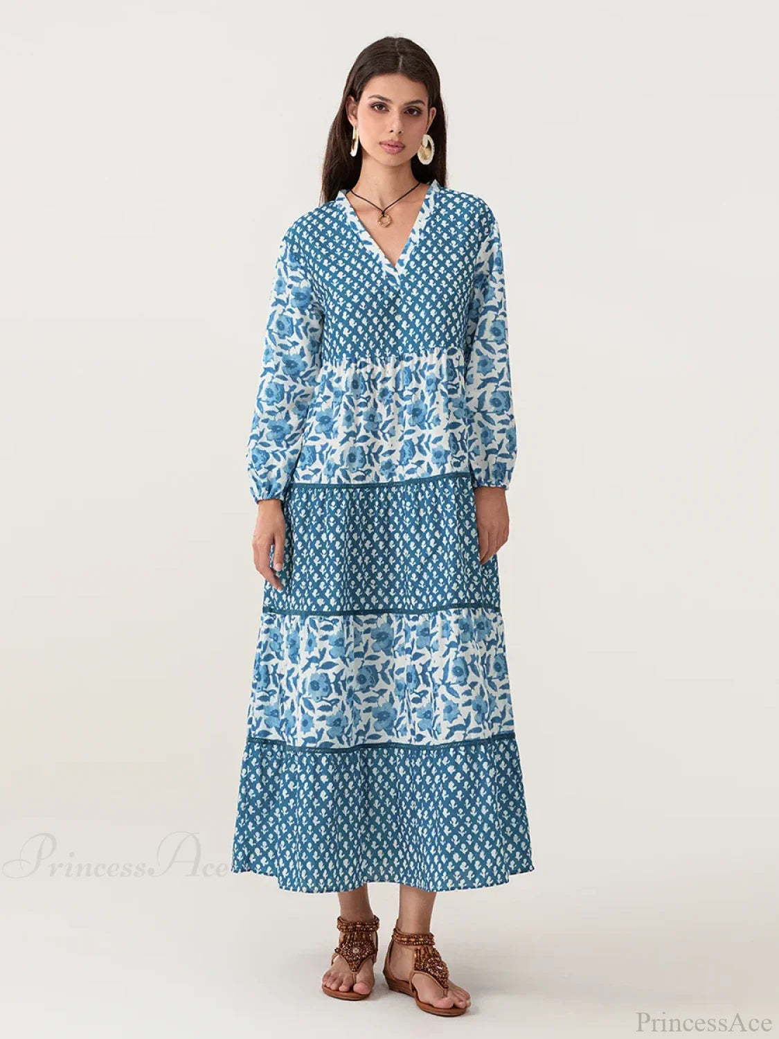 Autumn Floral Long Sleeve V-Neck Loose A-Line Floral Dress floraldress-250126