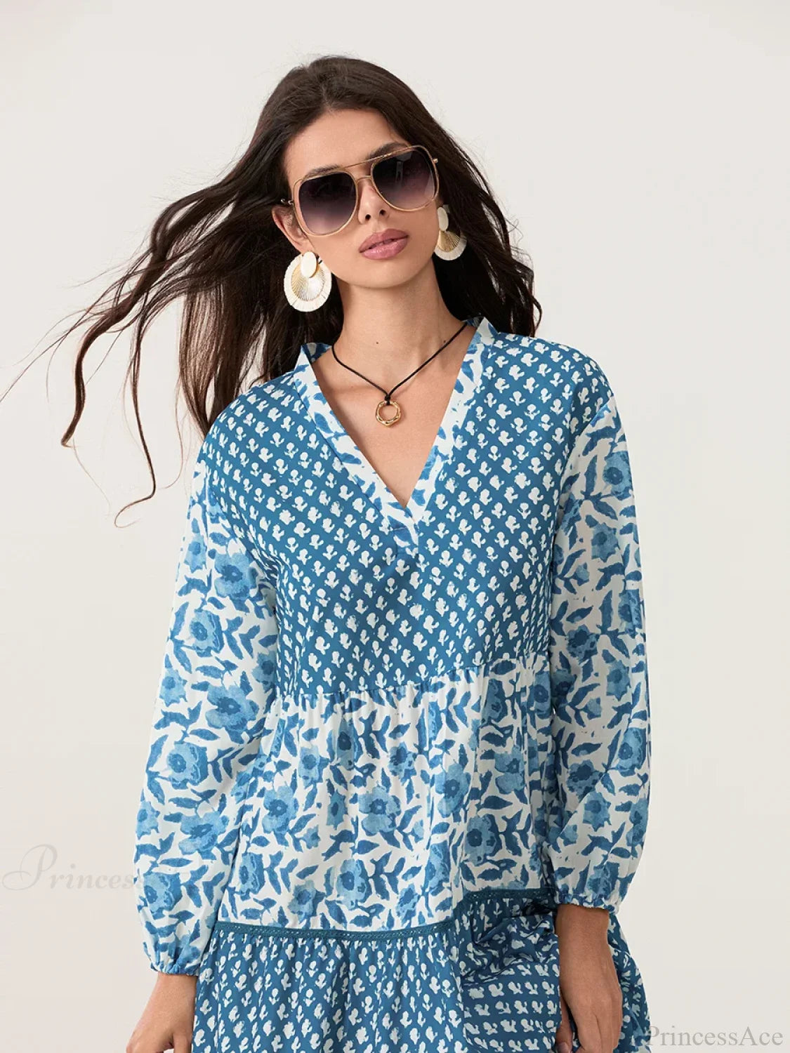 Autumn Floral Long Sleeve V-Neck Loose A-Line Floral Dress floraldress-250126