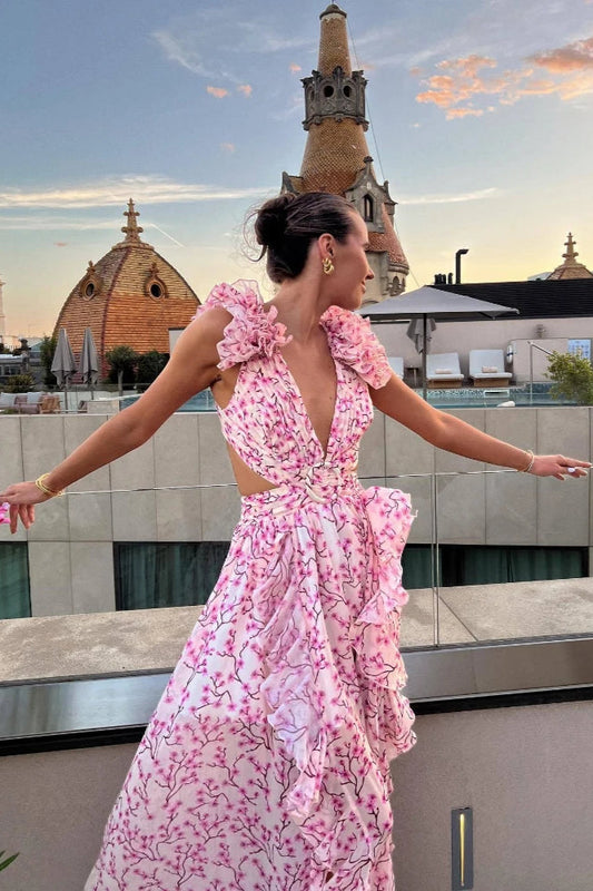 Ruffle Trim Deep V Floral Dress