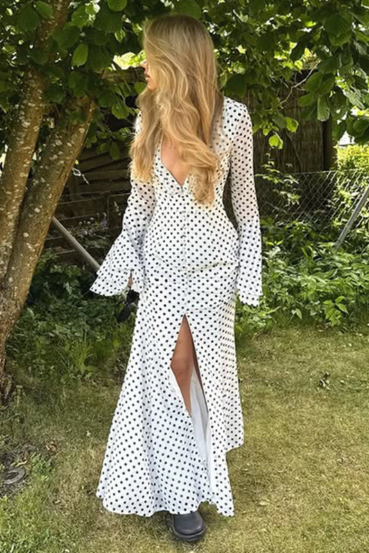 Polka Dot V-Neck High Split Bodycon Maxi Dress