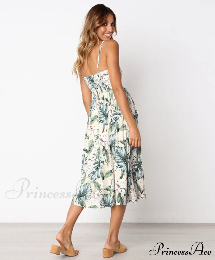 Backless Bohemian Polka Button Sexy Green Striped Dot Gown Women’s - Floral M / White Dresses