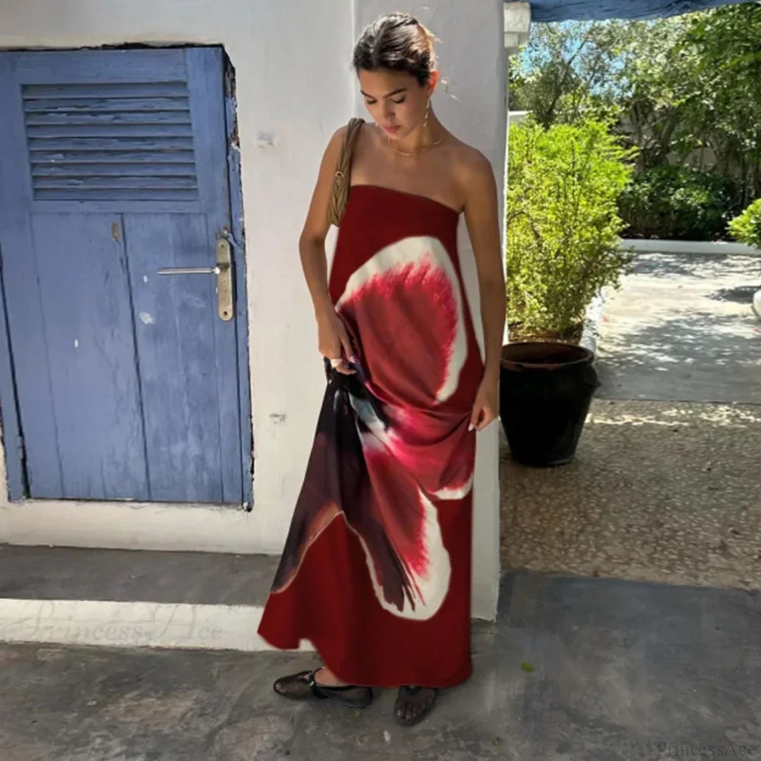 Backless Off-Shoulder Print Floral Dress claret / S