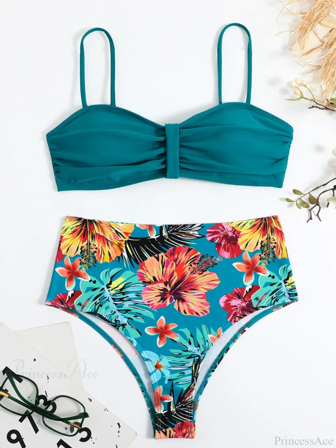Bandeau Tropical Tie Back Push Two Piece Set Blackish Green / S
