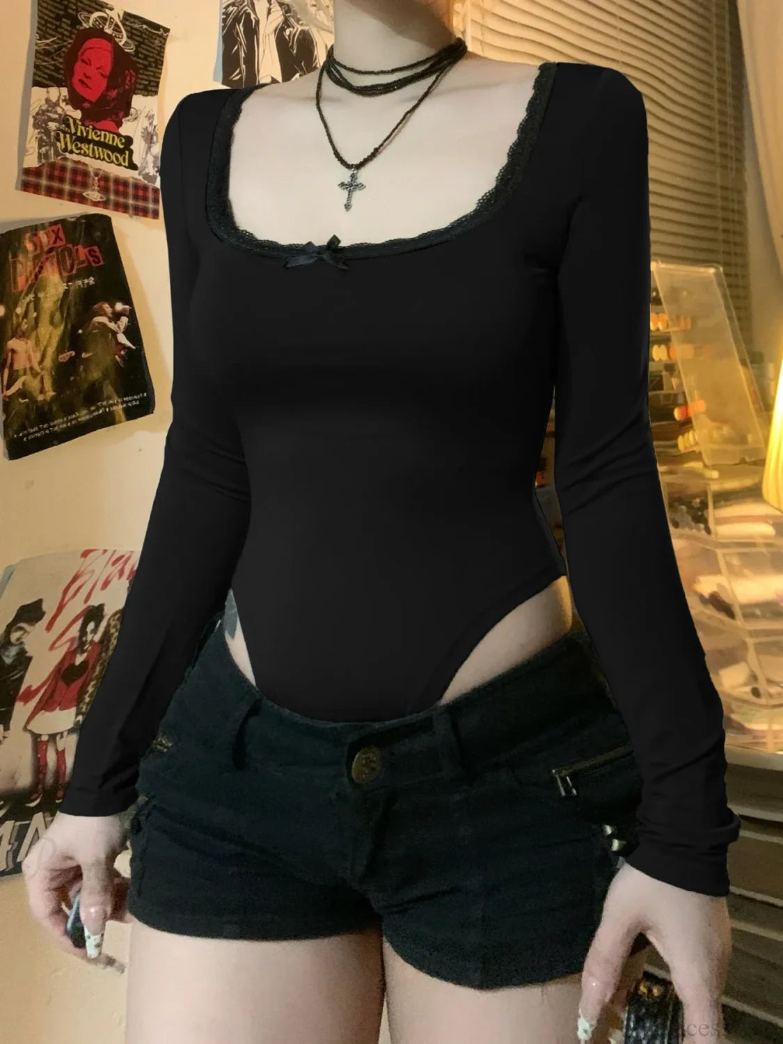 Basic Lace Trim Casual Slim Square Collar Knit Top knittop-250126