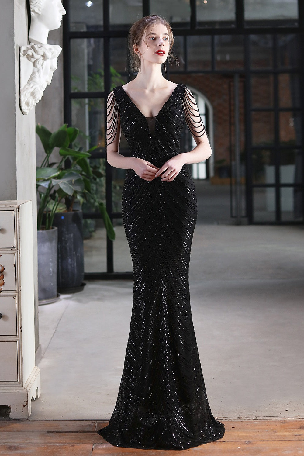 Elegant Sequin Mermaid Party Dress Black / S