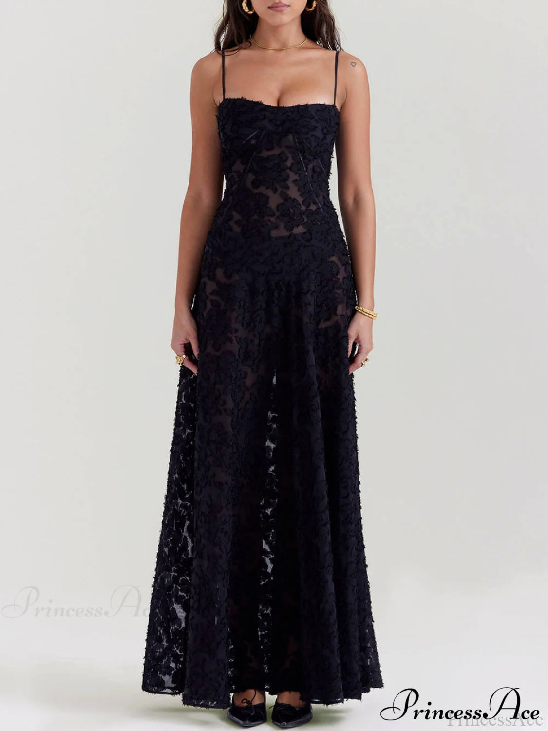 Black Floral Lace Charming Back Maxi Dress / S Dresses