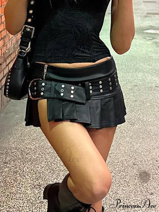 Black Pleated Belted Charming Slit Micro Mini Skirt