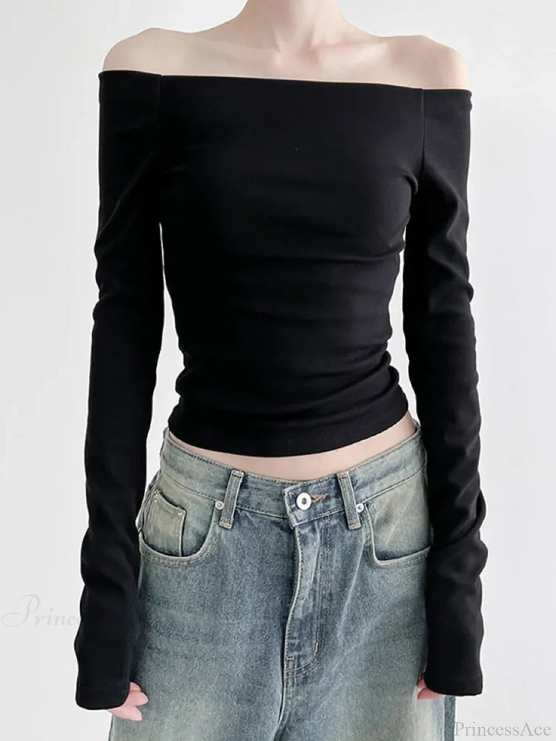 Black Slash Neck Elegant Long Sleeve Slim Knit Top Black / XL knittop-250126