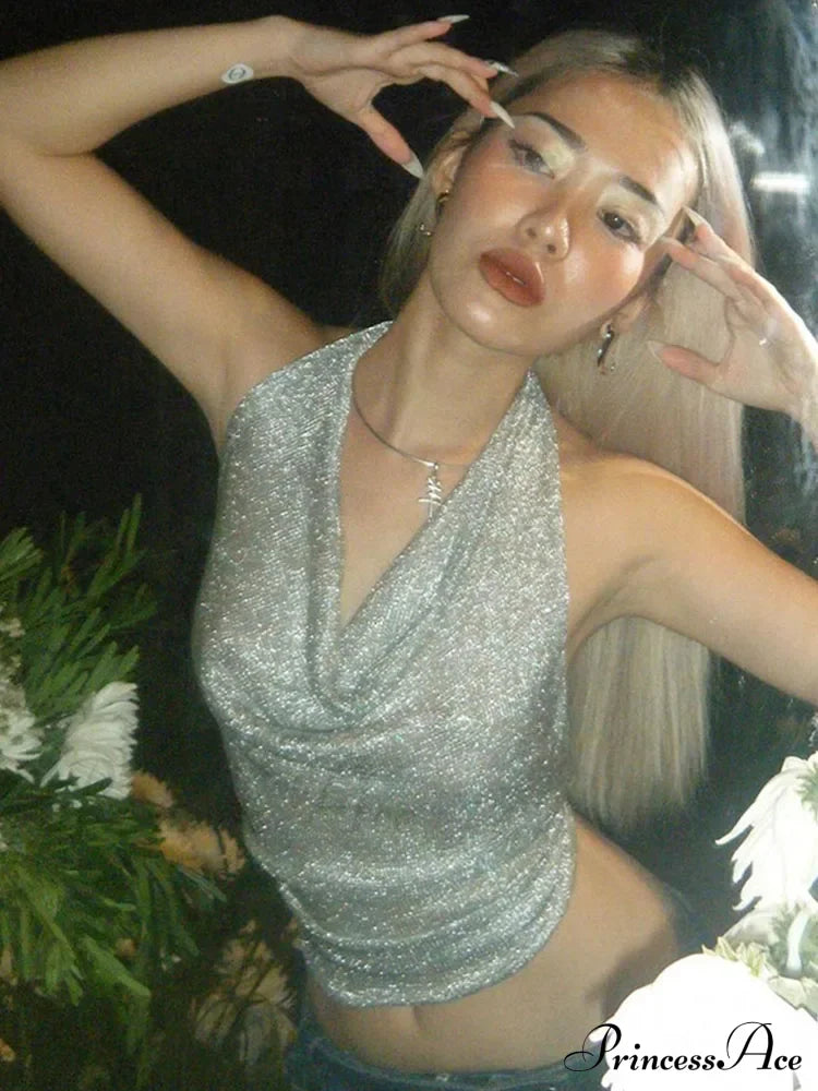 Bling Glitter Sequins Lace Up Backless Halter Vintage Crop Top