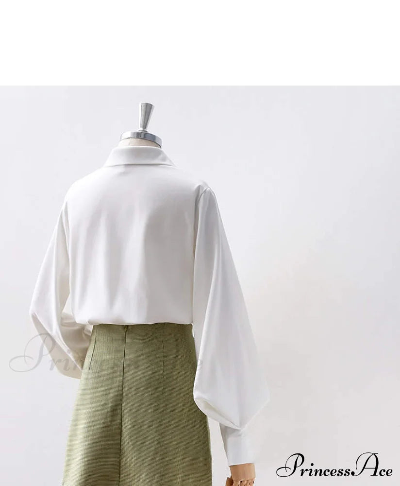 Blouse Lantern Women’s White Sleeves Button Up With Vintage Black