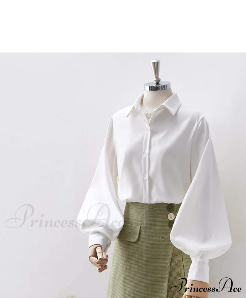Blouse Lantern Women’s White Sleeves Button Up With Vintage Black