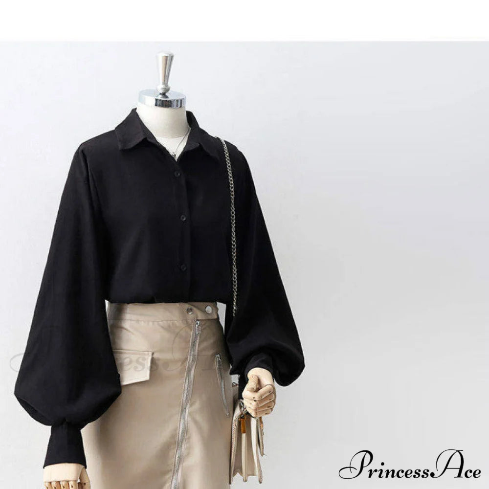 Blouse Lantern Women’s White Sleeves Button Up With Vintage Black