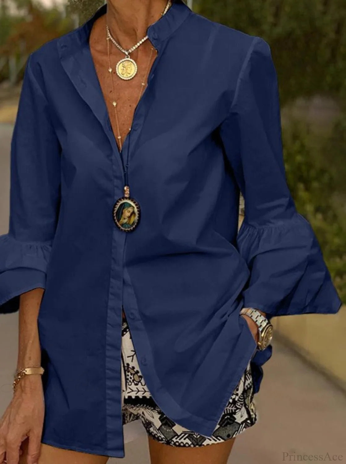 Blouse Office Arm - V Button Women’s Flare Up White Neck