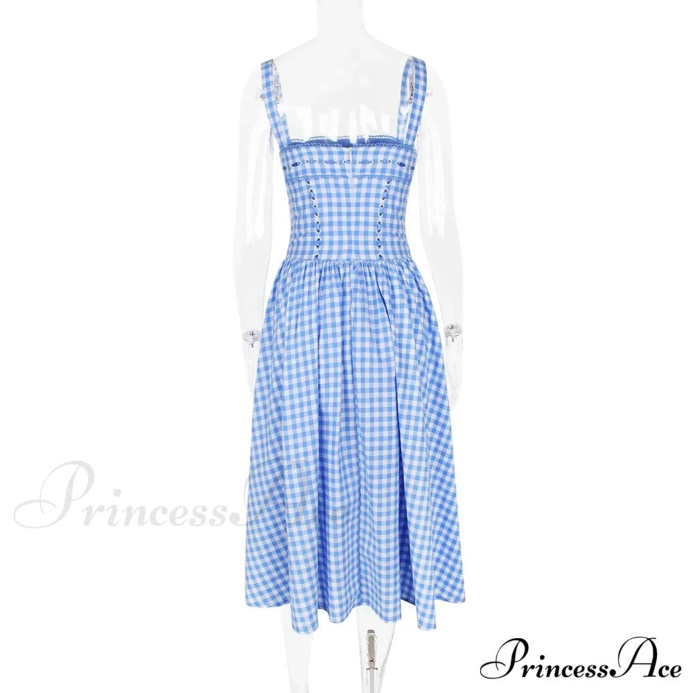 Blue Gingham Stylish Strap Midi Dress