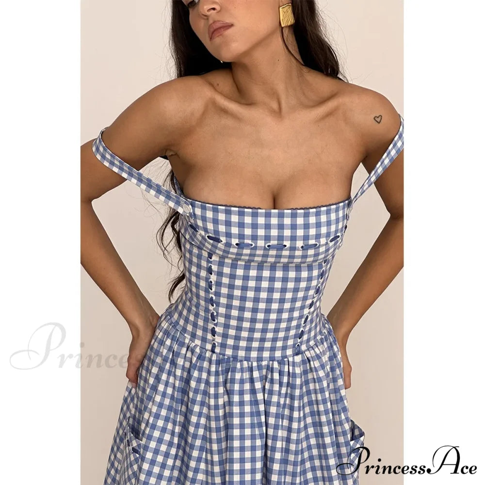 Blue Gingham Stylish Strap Midi Dress