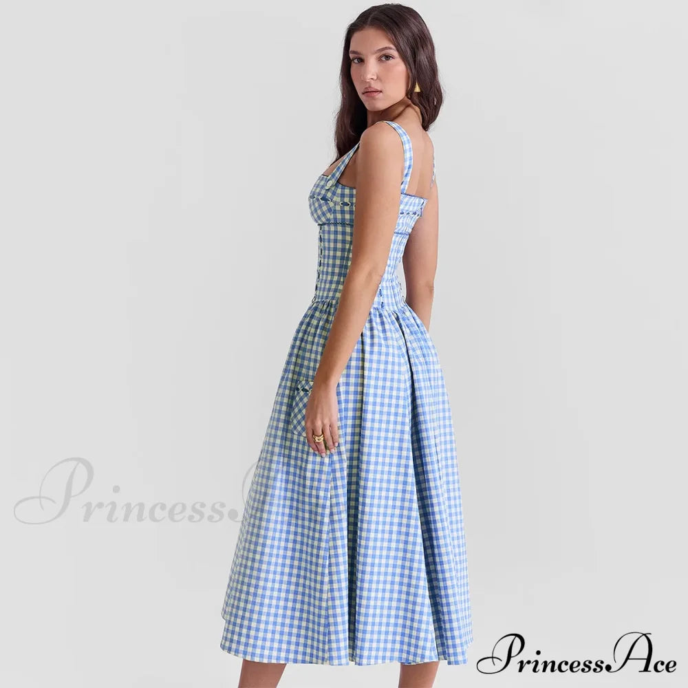 Blue Gingham Stylish Strap Midi Dress