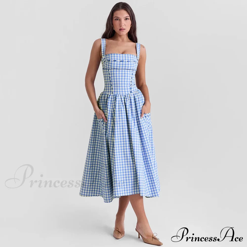Blue Gingham Stylish Strap Midi Dress