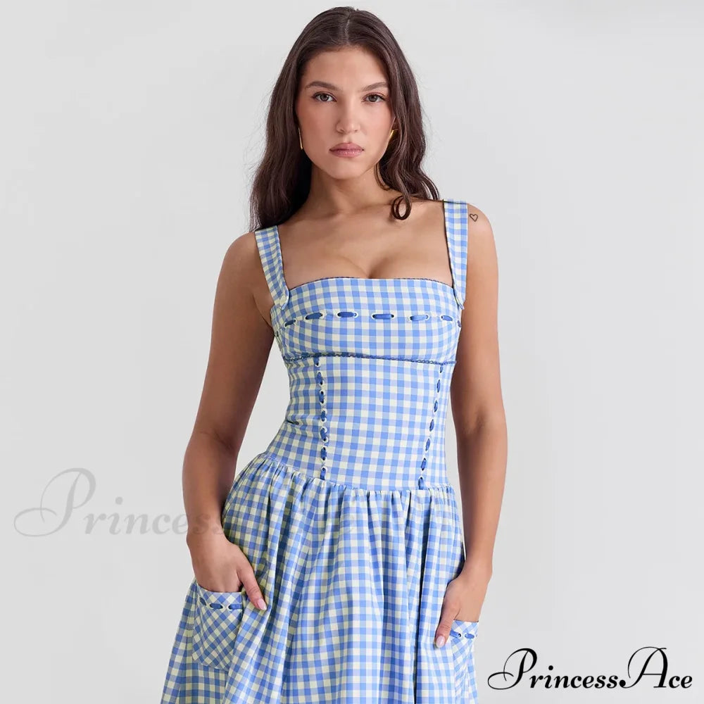 Blue Gingham Stylish Strap Midi Dress