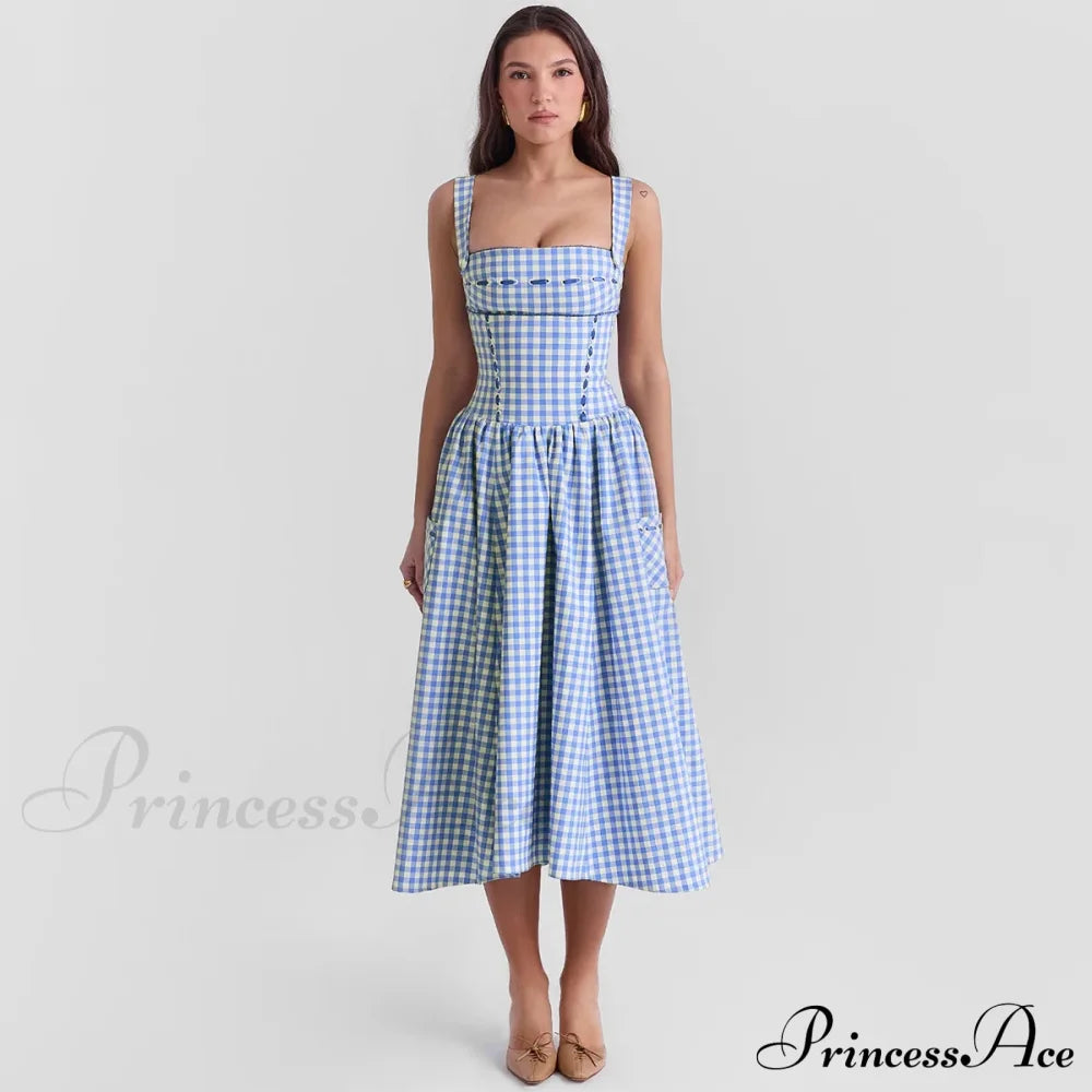 Blue Gingham Stylish Strap Midi Dress