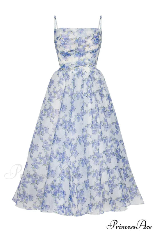 Blue Hydrangea Spaghetti Charming Strap Midi Dress