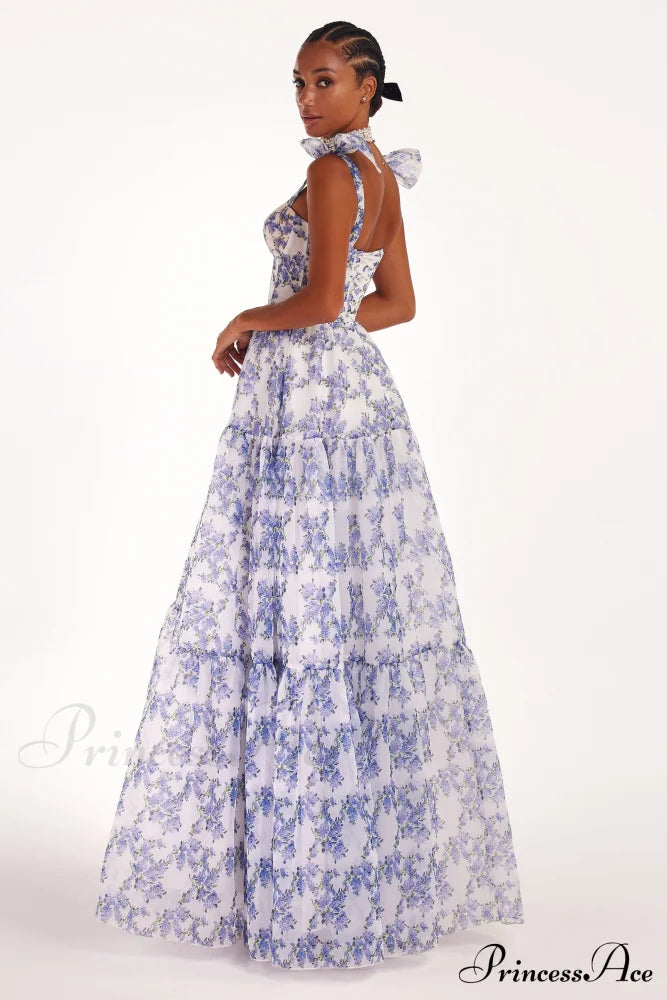 Blue Hydrangea Tender Charming Tie-Strap Maxi Dress