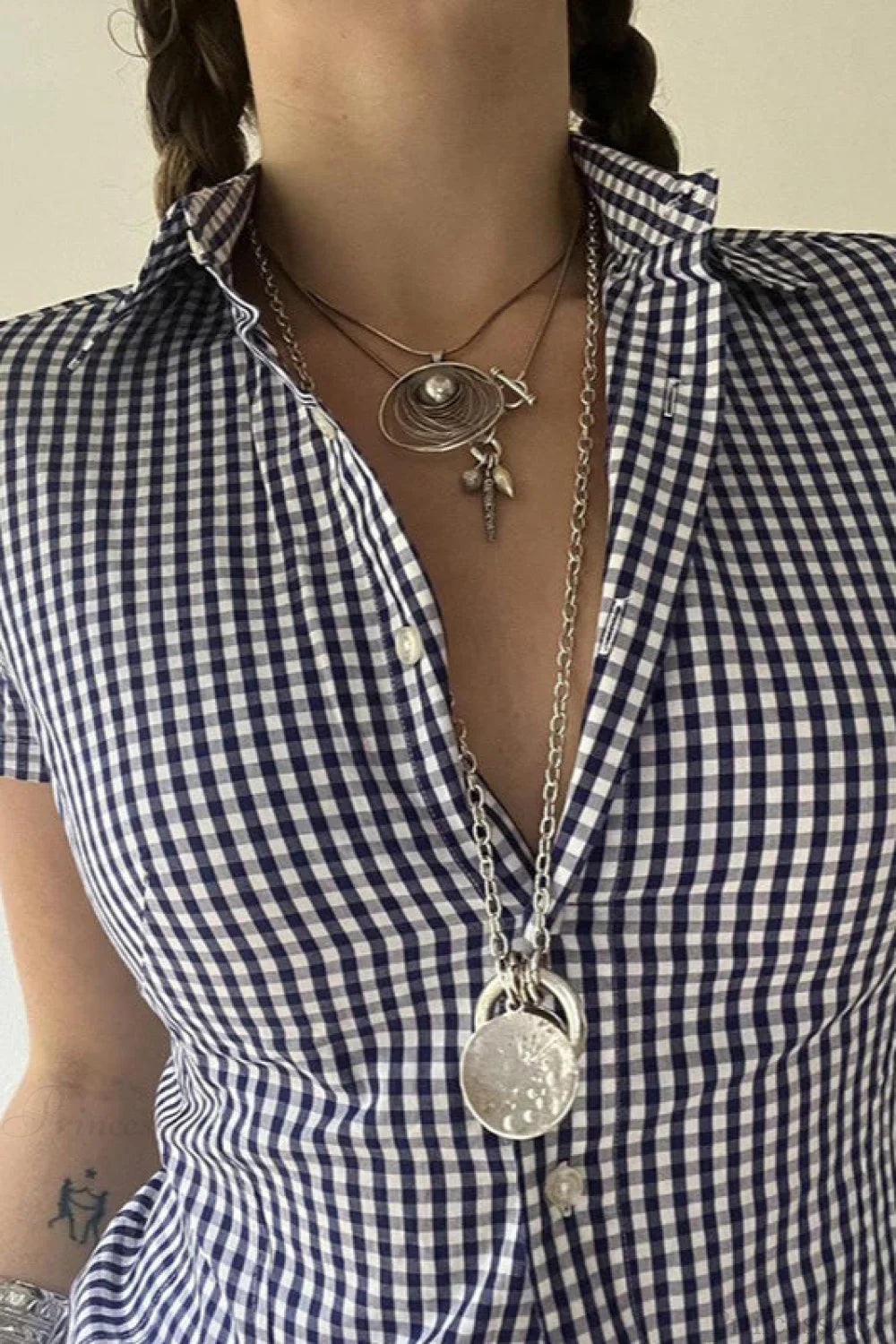 Blue Plaid Fitted Polo Collar Short Sleeve Blouse