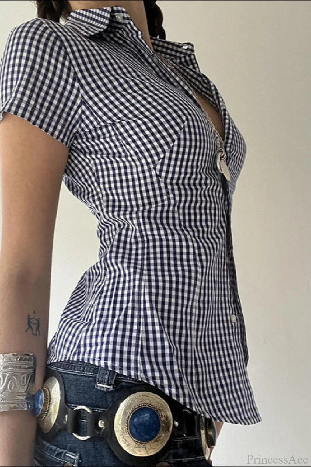 Blue Plaid Fitted Polo Collar Short Sleeve Blouse
