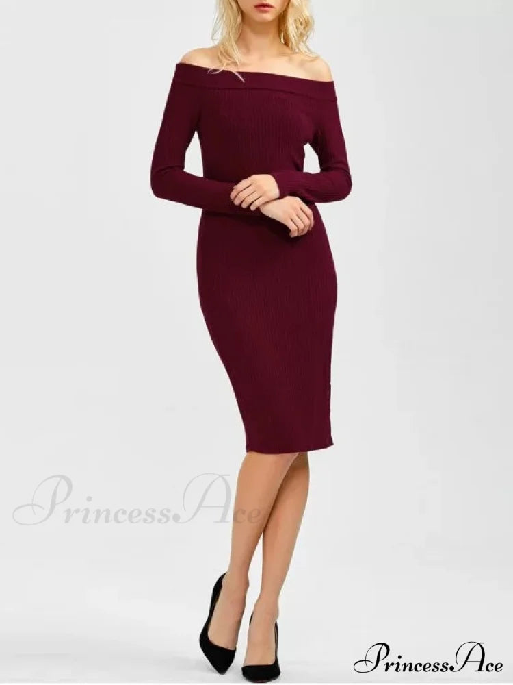 Bodycon Long Shoulder Arm Off Dress L / Wine Red Dresses