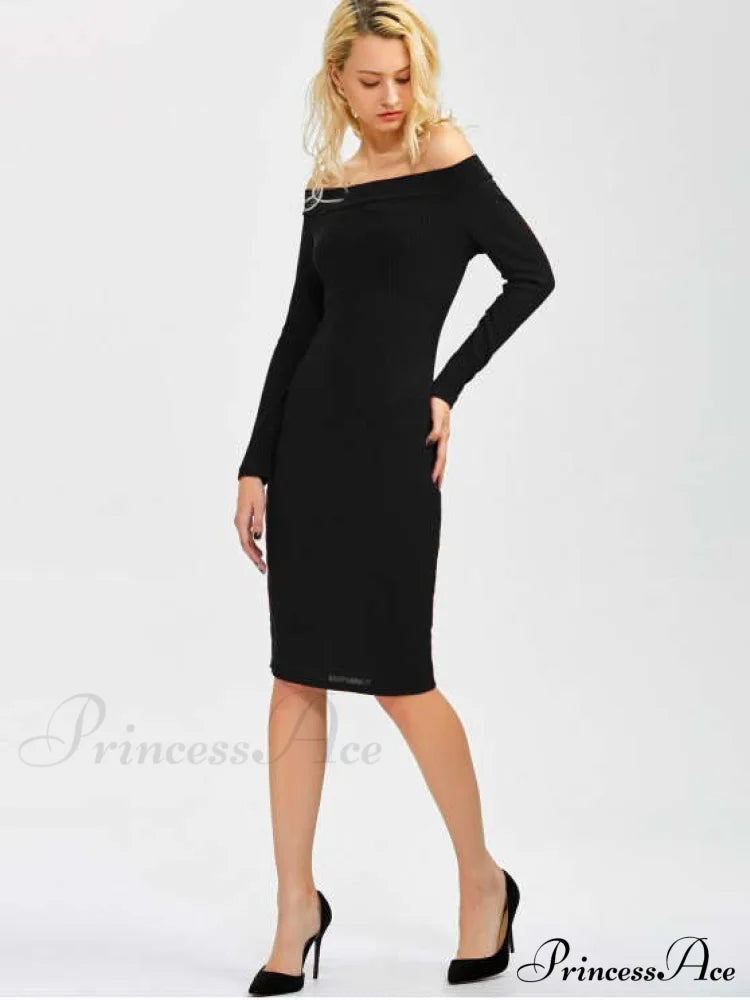 Bodycon Long Shoulder Arm Off Dress M / Wine Red Dresses