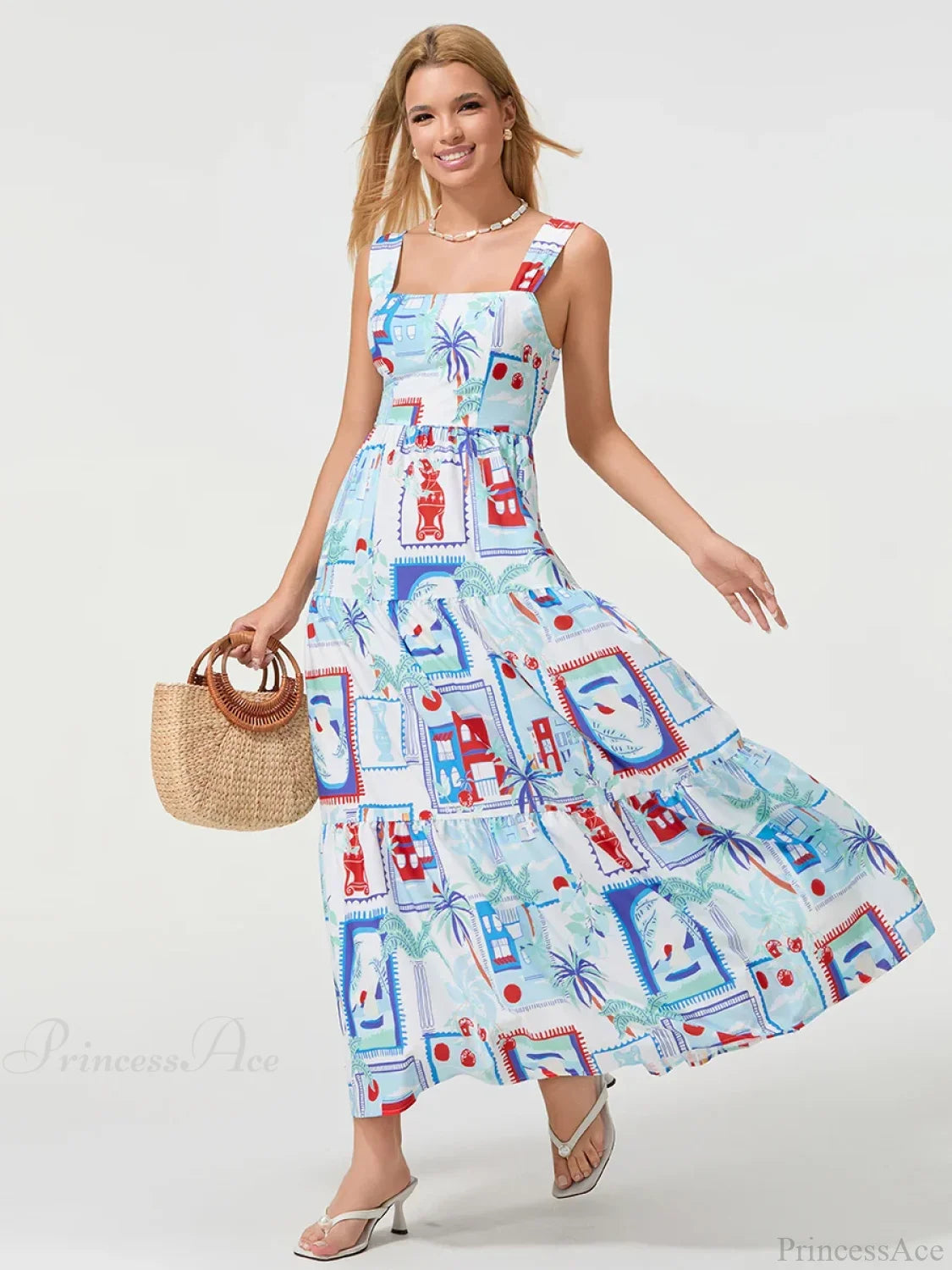 Bohemian Floral Geometric Print Flow Tank Square Neck Sleeveless A-Line Dress floraldress-250126