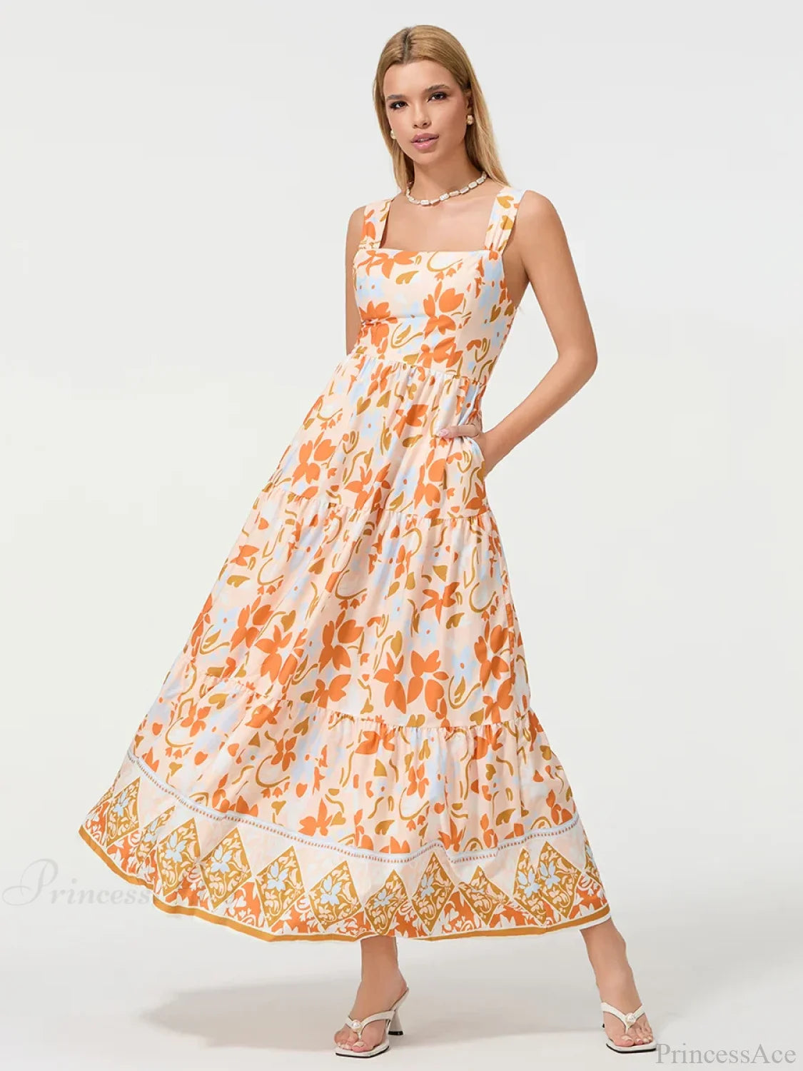 Bohemian Floral Geometric Print Flow Tank Square Neck Sleeveless A-Line Dress ORANGE / S floraldress-250126