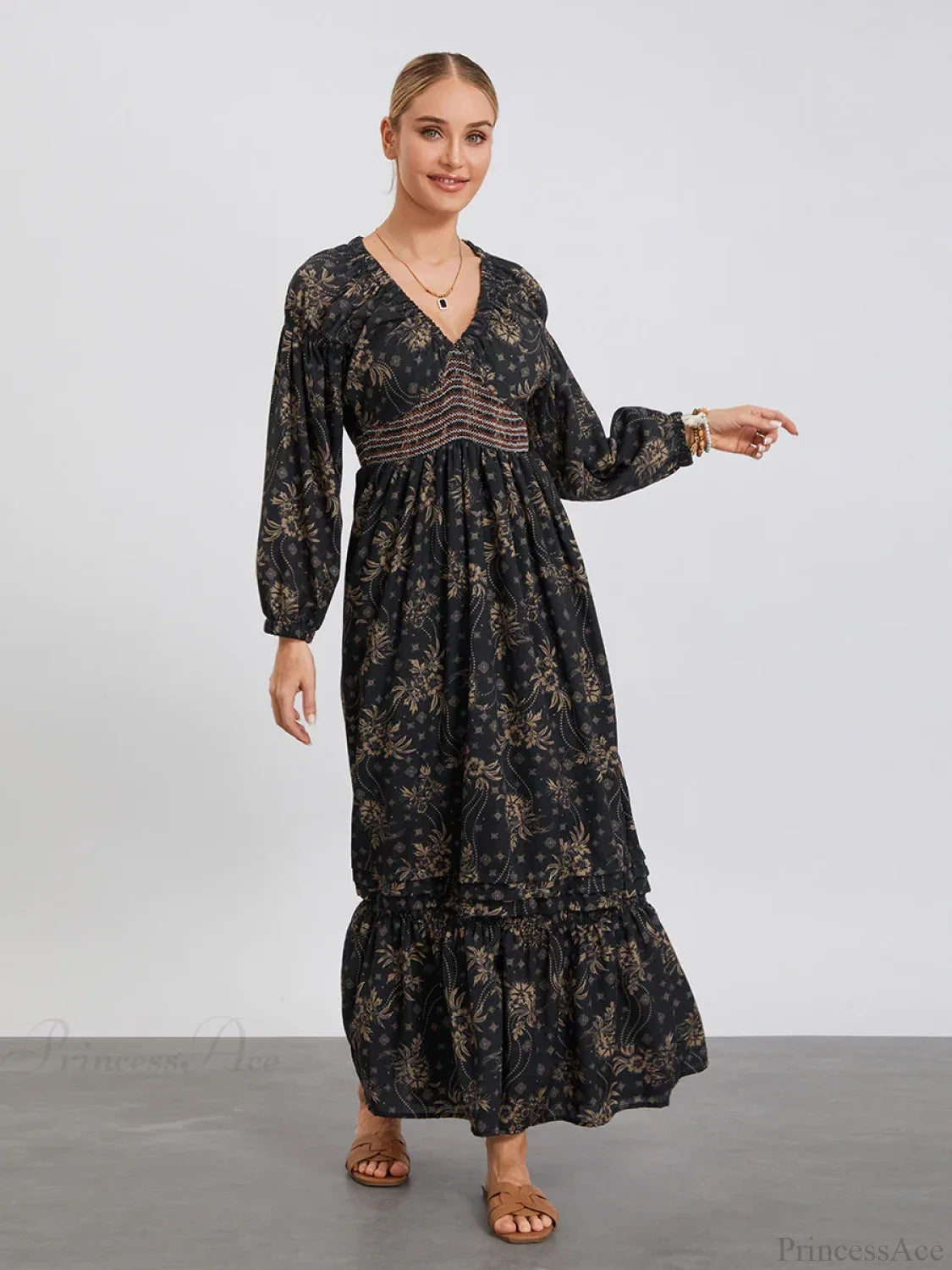 Bohemian Floral Print Puff Sleeve Swing Floral Dress BLACK1 / S floraldress-250126