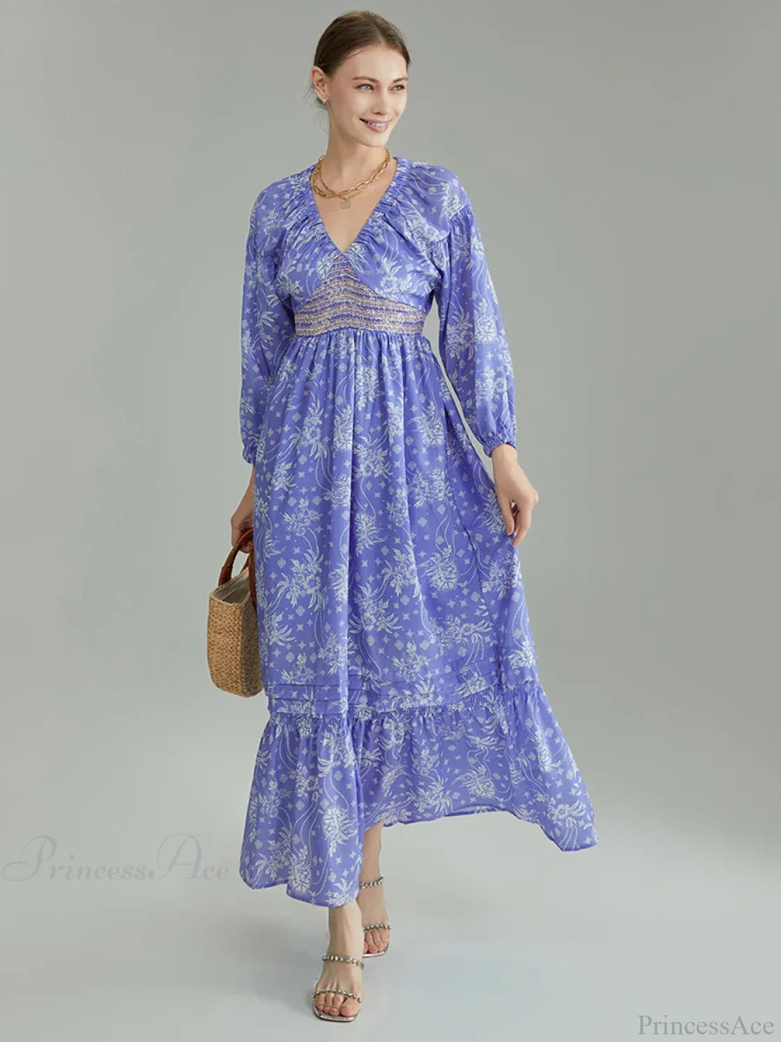Bohemian Floral Print Puff Sleeve Swing Floral Dress BLUE / S floraldress-250126