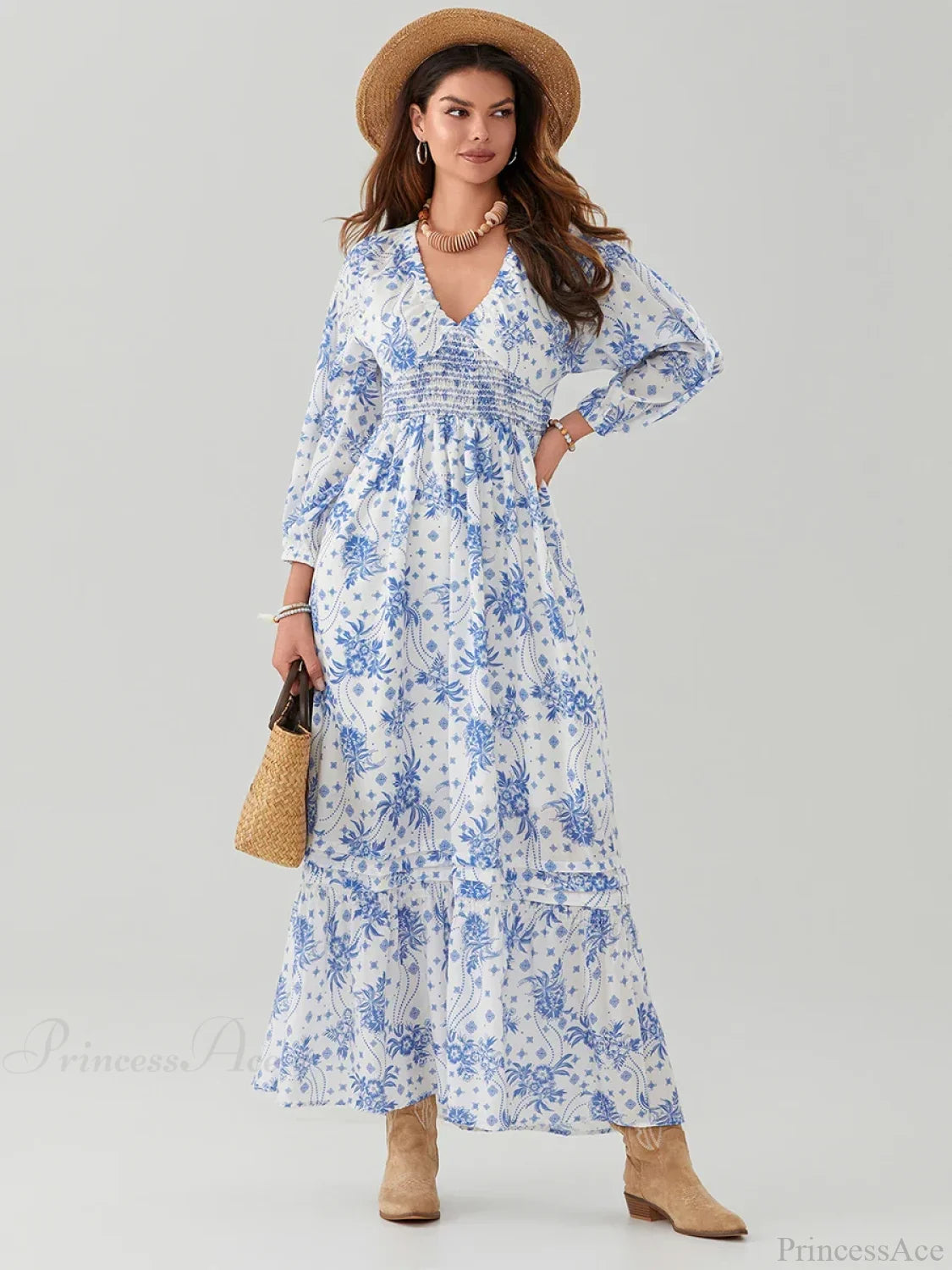 Bohemian Floral Print Puff Sleeve Swing Floral Dress LIGHT BLUE / S floraldress-250126