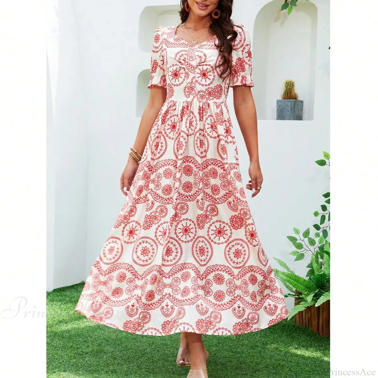 Bohemian High Waist Square Neck Floral Dress oldfloraldress-250126