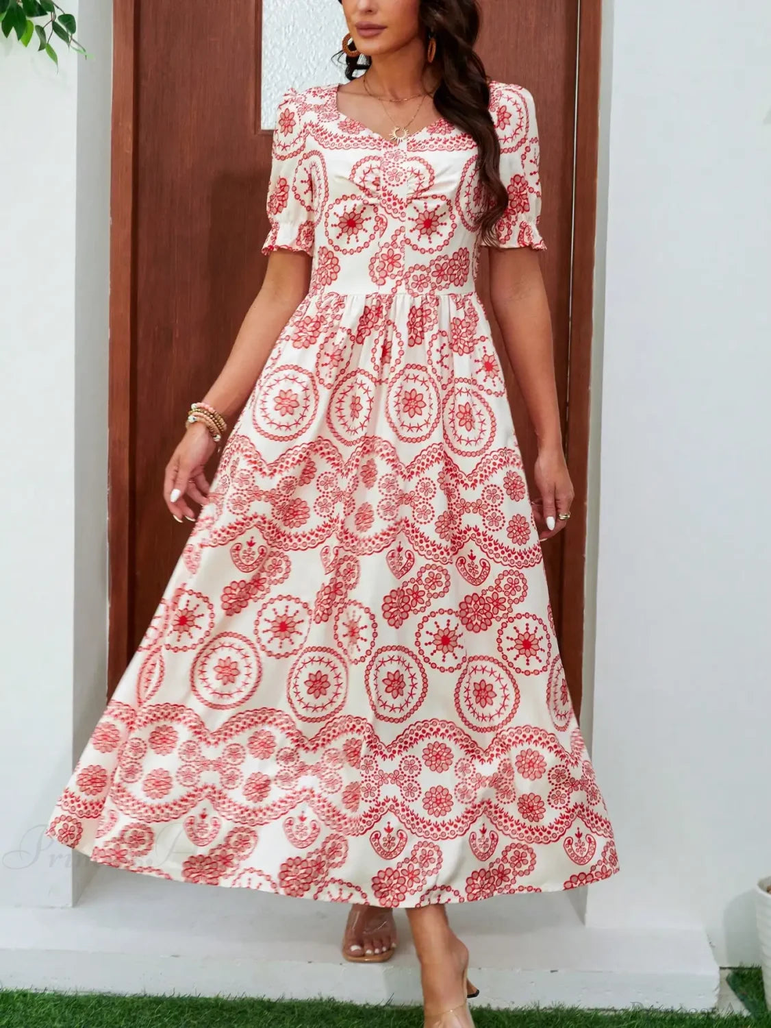 Bohemian High Waist Square Neck Floral Dress oldfloraldress-250126