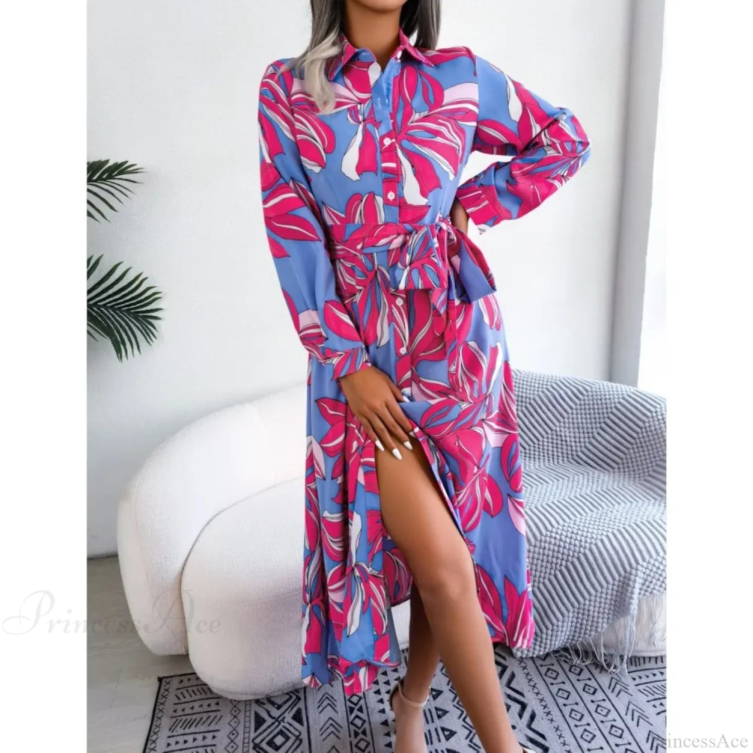 Boho Beach Holiday Floral Shirt Dress oldfloraldress-250126