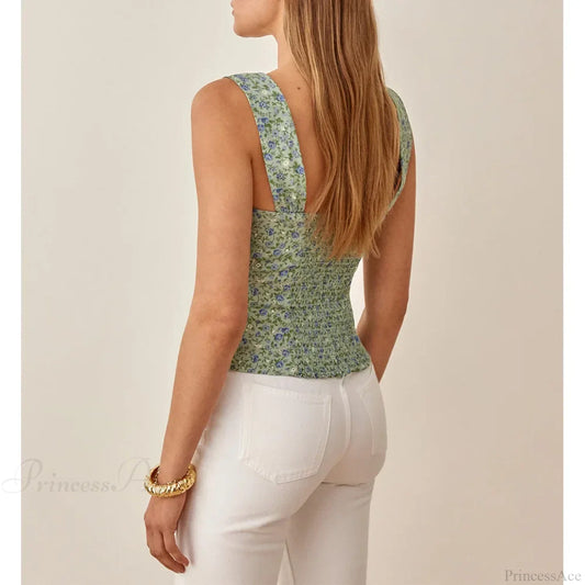 Boho Beach Vacation Floral Sweetheart Wide Strap Sleeveless Slim Crop Top croptop-250126